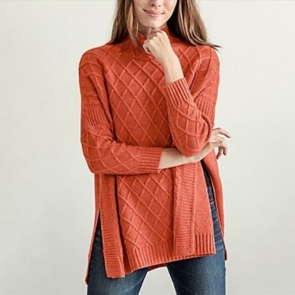 Mer Sea Lisbon Latice Front Cable Knit Traveler Mock Neck Sweater One Size